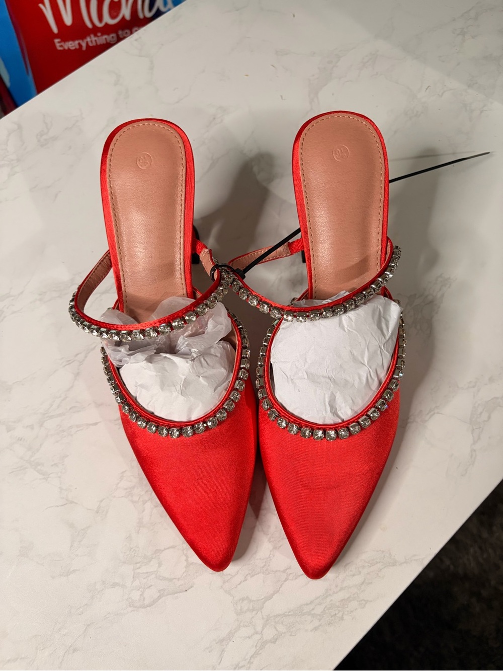 Red Satin Pointed-Toe Embellished Mules